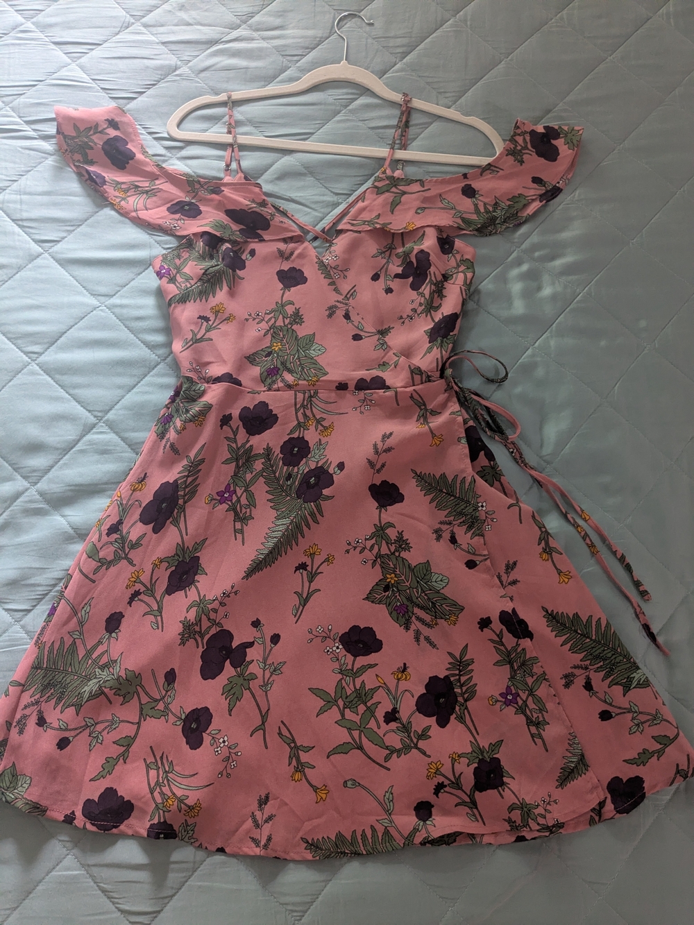 Francesca's Collections Pink Floral One-Shoulder Wrap Dress